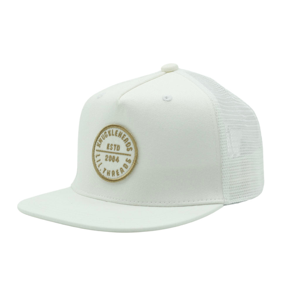 Hawaii Off White Snapback hat for infants and toddlers, crafted from 100% cotton for soft, comfortable wear. Features a medium-profile, structured 5-panel crown with a flat bill and adjustable snapback closure for a perfect fit as they grow. Embroidered tan Knuckleheads patch adds a stylish touch, ideal for little adventurers