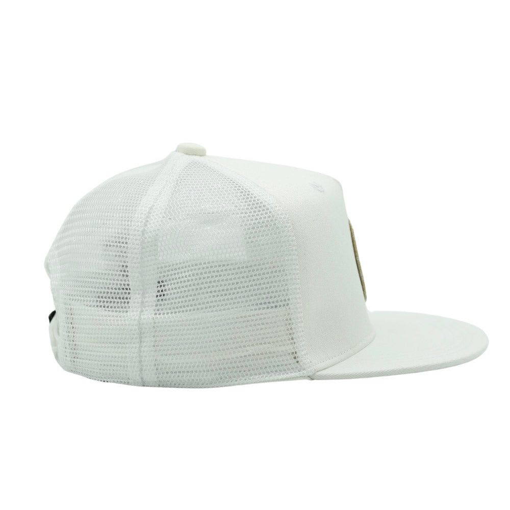 Hawaii Off White Snapback hat for infants and toddlers, crafted from 100% cotton for soft, comfortable wear. Features a medium-profile, structured 5-panel crown with a flat bill and adjustable snapback closure for a perfect fit as they grow. Embroidered tan Knuckleheads patch adds a stylish touch, ideal for little adventurers