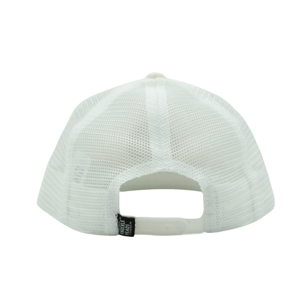 Hawaii Off White Snapback hat for infants and toddlers, crafted from 100% cotton for soft, comfortable wear. Features a medium-profile, structured 5-panel crown with a flat bill and adjustable snapback closure for a perfect fit as they grow. Embroidered tan Knuckleheads patch adds a stylish touch, ideal for little adventurers