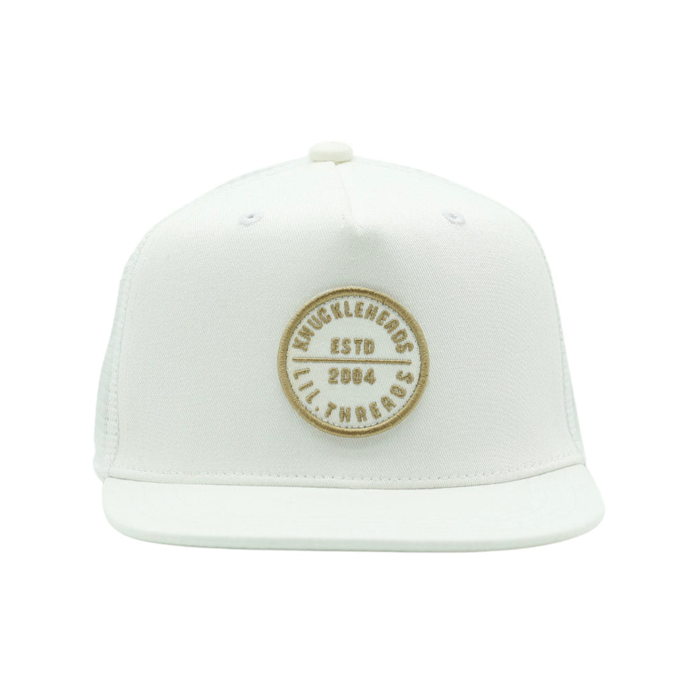 Hawaii Off White Snapback hat for infants and toddlers, crafted from 100% cotton for soft, comfortable wear. Features a medium-profile, structured 5-panel crown with a flat bill and adjustable snapback closure for a perfect fit as they grow. Embroidered tan Knuckleheads patch adds a stylish touch, ideal for little adventurers