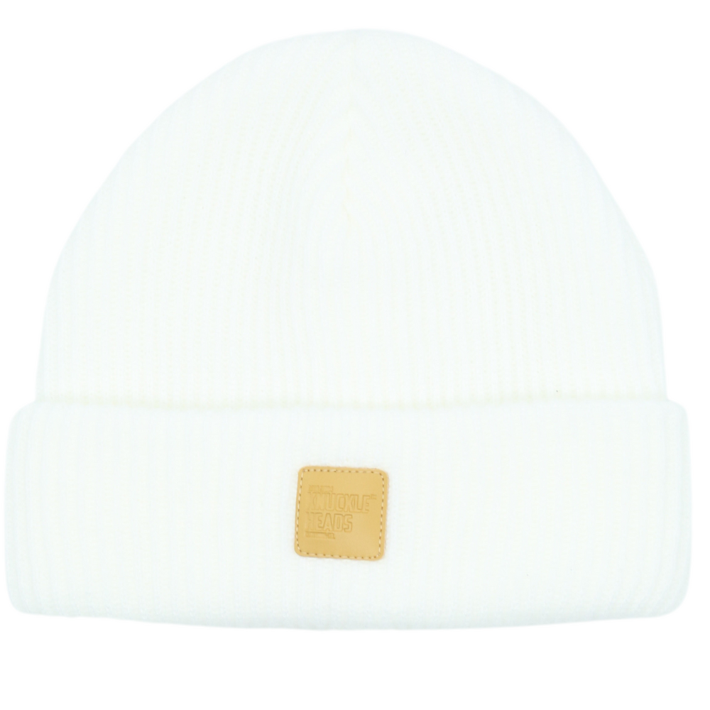 front view of white beanie with patch