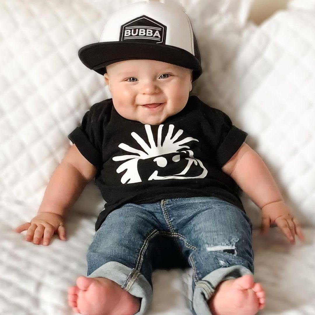 baby hat with bubba logo in black and white mesh trucker