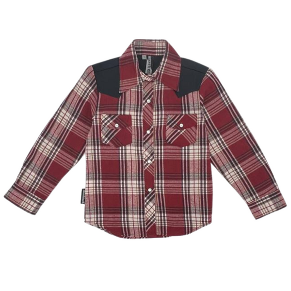 Front view of infant and toddler red plaid flannel shirt with black shoulder details and pearl snap buttons. Cozy and stylish Western-inspired button-up for kids.