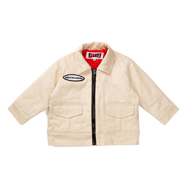 Tan Knuckleheads Mechanic Jacket with long sleeves, featuring the Knuckleheads logo. Perfect for keeping your little one warm and stylish. Available in sizes S to XXL for kids aged 6 months to 8 years.